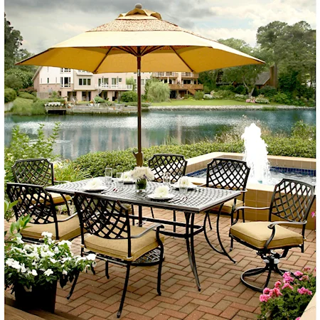 8-Piece Outdoor Dining Set with Alumicast Table and Chairs and Three Tier Umbrella